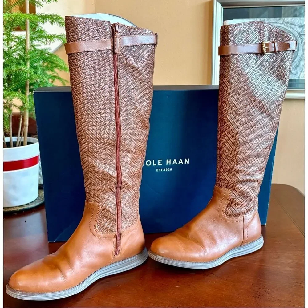 COLE HAAN - L Sz 6B Original Grand OS Woodbury-Weave Leather Tall Boots/Cognac